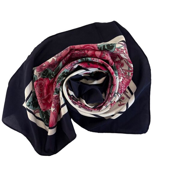 Overseas Advantage Polyester Square Scarf Silky Pink Green Floral Navy Vintage - Picture 5 of 8
